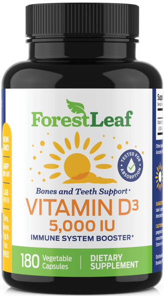 ForestLeaf Vitamin D3 5,000 IU - Bone Health and Immune Support Supplements for Women and Men 180 Vegetable Capsules