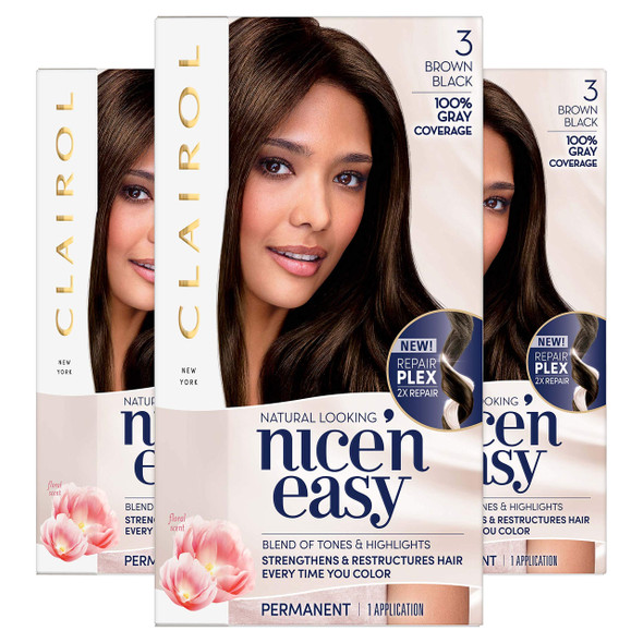 Clairol Nice'n Easy Permanent Hair Color, 3 Brown Black, Pack of 3