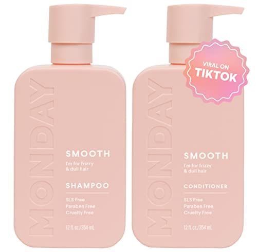 Monday Haircare Smooth Shampoo + Conditioner Bathroom Set 12Oz Each For Frizzy  Coarse  And Curly Hair  Made From Coconut Oil  Shea Butter  and Vitamin E  100% Recyclable Bottles  Pink ( Pack of - 2)