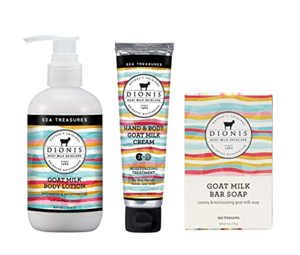 Dionis Goat Milk Skincare Sea Treasures Scented Lotion 8.5OzHand & Body Cream 3.3Oz And Bar Soap 6Oz Bundle