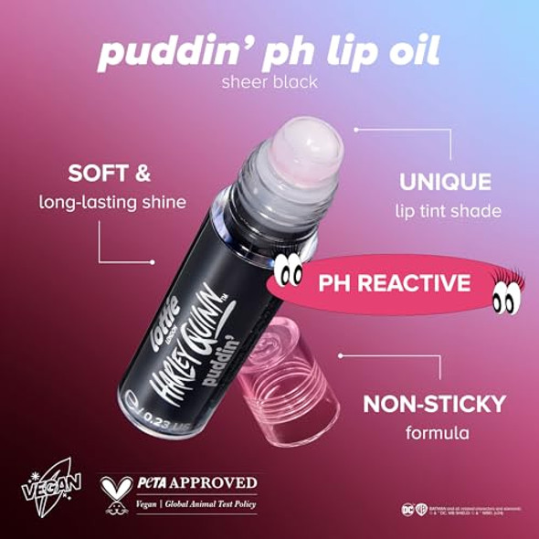 Lottie London X Harley Quinn Puddin’ Ph Color Changing Lip Oil In Black Nourishing Lip Oil To Adapt To The Natural Ph In Your Lips For A Unique Flush Of Color