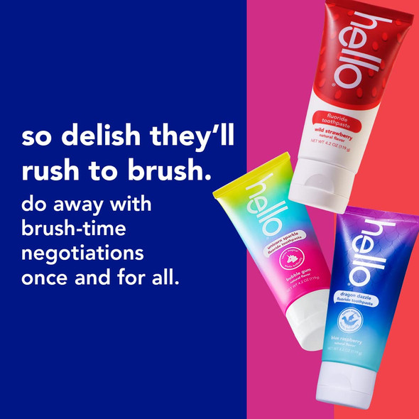 Hello Variety (Unicorn, Strawberry, Dragon) Fluoride Kids Toothpaste Anticavity Natural Flavors Vegan SLS Free Gluten Free Ages 2+, 4.2 Ounce