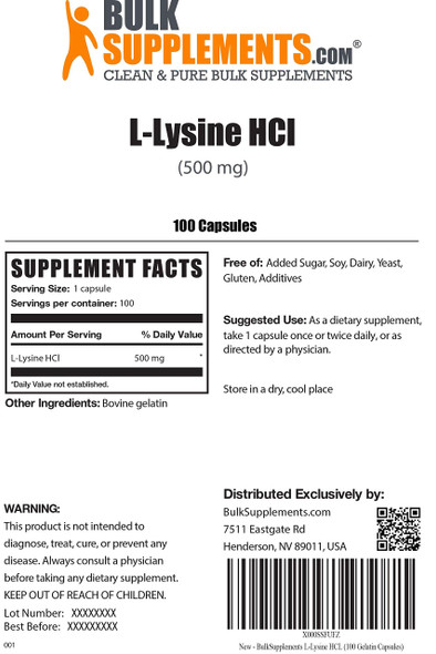 BulkSupplements.com L-Lysine HCL L-Lysine for Cats Immune Support Formula L Lysine Powder Lysine Powder for Cats (100 Gelatin Capsules)