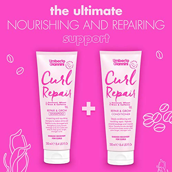 Umberto Giannini Curl Repair Shampoo + Conditioner Set Vegan & Cruelty Repair & Growth Formula With Seaweed Wheat Bran & Caffeine 250 Ml
