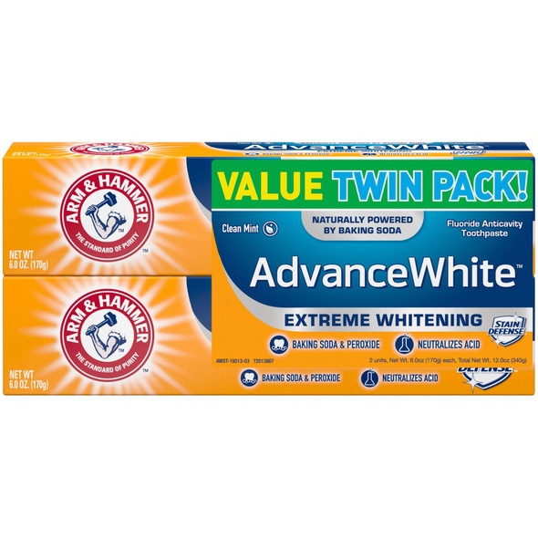 Arm & Hammer Advanced White Extreme Whitening Toothpaste, TWIN PACK, Clean Mint- Fluoride Toothpaste