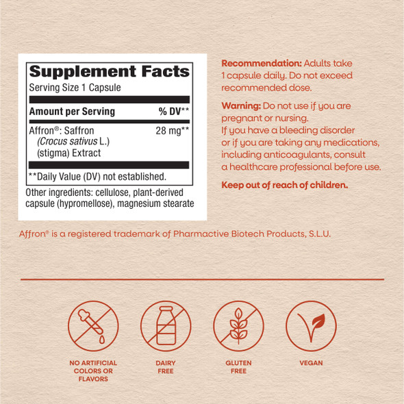 California Gold Nutrition Saffron Extract With Affron Premium Saffron (Crocus Sativus) Extract Standardized To 3.5% Lepticrosalides 28 Mg 60 Veggie Capsules