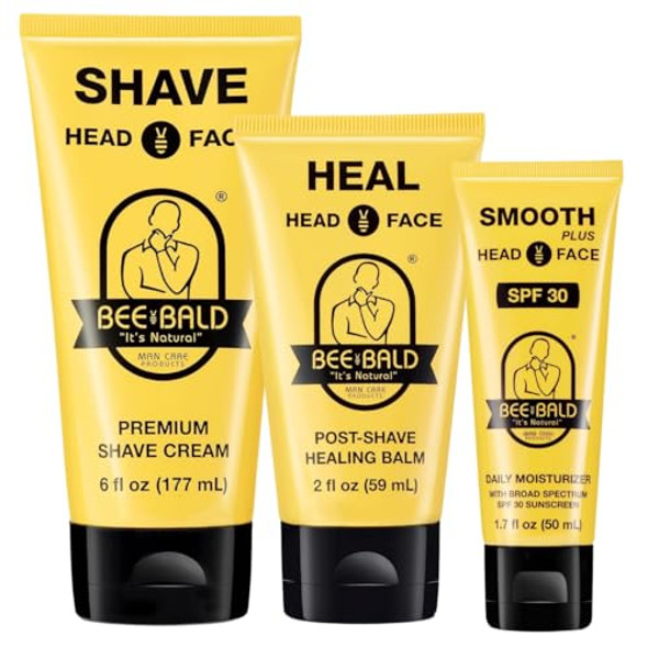Bee Bald 3Pack With Smooth Plus Daily Moisturizer With Spf 30 Heal Postshave Healing Balm And Shave Premium Shaving Cream