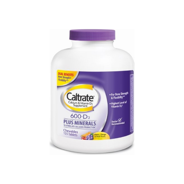 Caltrate Calcium & Vitamin D Plus Minerals, 600+D, Chewables, Cherry, Orange & Fruit Punch, 155 ea