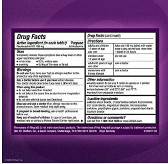 Allegra Adult 24 Hour Allergy Tablets 180Mg Noticeable Relief In 1 Hour (70 Count )