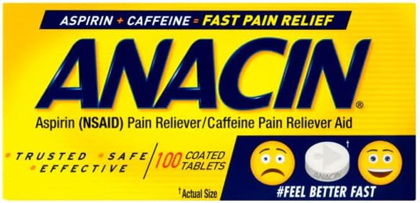 Anacin Fast Pain Relief Pain Reducer Aspirin Tablets 100 Tabs (Value Pack Of 2)