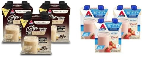 Atkins Iced Coffee Vanilla Latte Protein Shake 15G Protein & Strawberry Protein Shake 15G Protein Low Glycemic 2G Net Carb 1G Sugar Keto Friendly 12 Count