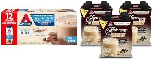 Atkins Milk Chocolate Delight Protein Shake & Iced Coffee Vanilla Latte Protein Shake 15G Protein Low Glycemic 4G Net Carb 1G Sugar Keto Friendly 3 Pack