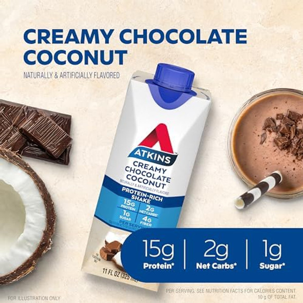 Atkins Creamy Chocolate Coconut Protein Shake 15G Protein 2G Net Carbs 1G Sugar Keto Friendly 12 Count