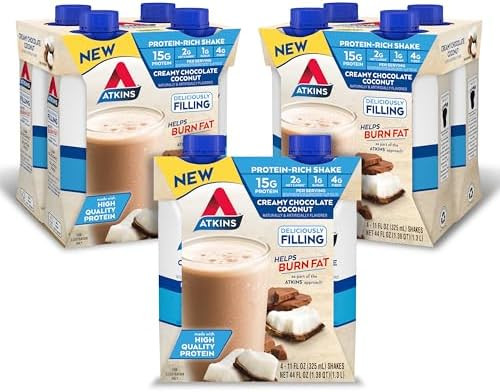Atkins Creamy Chocolate Coconut Protein Shake 15G Protein 2G Net Carbs 1G Sugar Keto Friendly 12 Count