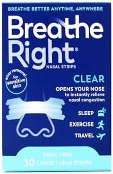 Breathe Right Nasal Strips Clear For Sensitive Skin Large 30 Each (Packs Of 6)