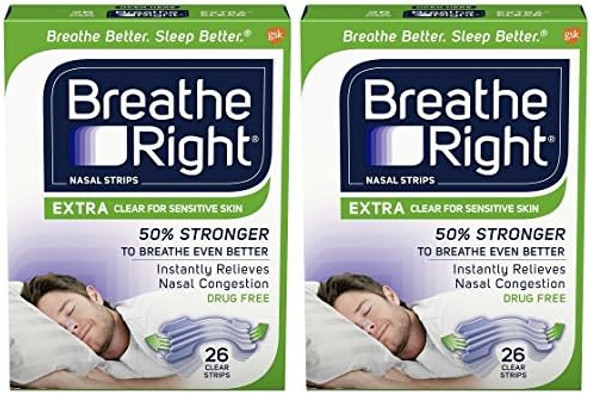 Breathe Right Ksfmlu Extra Strength Clear Drug Nasal Strips For Congestion Relief 26 Count (2 Pack)