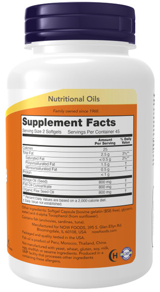 NOW Supplements Super Omega 3-6-9 1200 mg with a blend of Fish Borage and Flax Seed Oils 90 Softgels