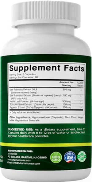 Vitamatic Saw Palmetto Extract for Men and Women 180 Veg Capsules Made with Pumpkin Seed Pygeum Nettle Leaf  Made in The USA  Promotes Healthy Prostate Function