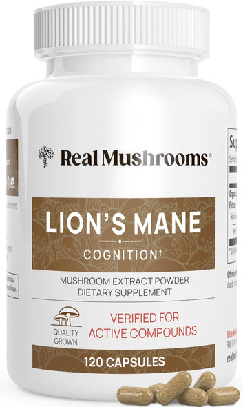 Real Mushrooms Lions Mane Supplement Capsules - Mushroom Supplement for Overall Wellness with Verified Beta Glucans – Non-GMO, Vegan Mushroom Supplements in 120 Capsules