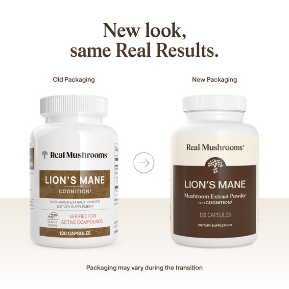 Real Mushrooms Lions Mane Mushroom Cognition (120 Capsules) Lions Mane Mushroom Powder Extract Capsules | Brain Supplement, Brain Vitamins, Focus Supplement