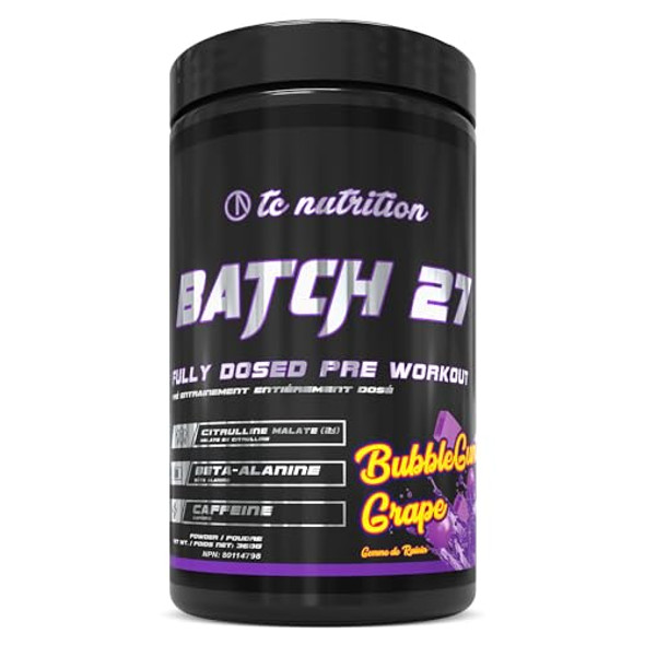 TC Nutrition Batch 27 Pre Workout Powder 8g Citrulline 3.5g Beta Alanine 2.5g Betaine 325mg Caffeine Instant Energy Focus Pumps Strength Nitric Oxide Booster and Powerful Preworkout 20sv Bubblegum Grape