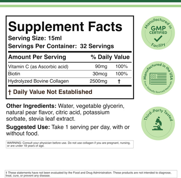 Double Wood Supplements Liquid Collagen  2500mg of Hydrolyzed Bovine Collagen Type 1 3 and Grassfed  32 Servings  for Women and Men  30 mcg of Biotin Sugar Free Pear Flavor