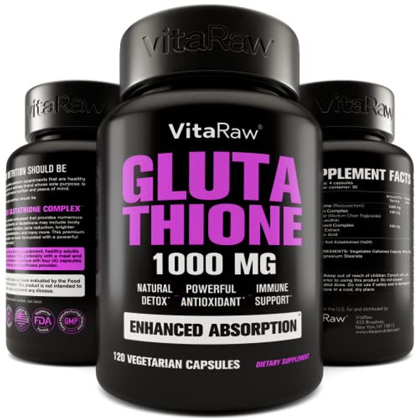 VitaRaw 1000mg Glutathione for Immune Support  100mg Absorption Complex  Reduced Liposomal Glutathione Supplement with Alpha Lipoic Acid Brain Booster Glowing Skin Liver Support