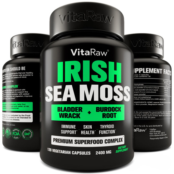 VitaRaw Organic Irish Sea Moss Capsules 2400 mg Burdock Root and Bladderwrack Powder Real Seamoss Pills for Immune Support Joint and Gut Health Help Raw Sea Moss Advanced Herbal Supplement