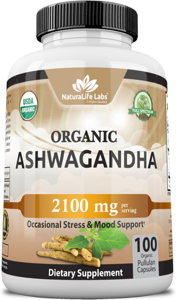 NaturaLife Labs Organic Ashwagandha 2,100 mg  100 Veggie Capsules Pure Organic Ashwagandha Powder and Root Extract  Stress Relief Mood Enhancer