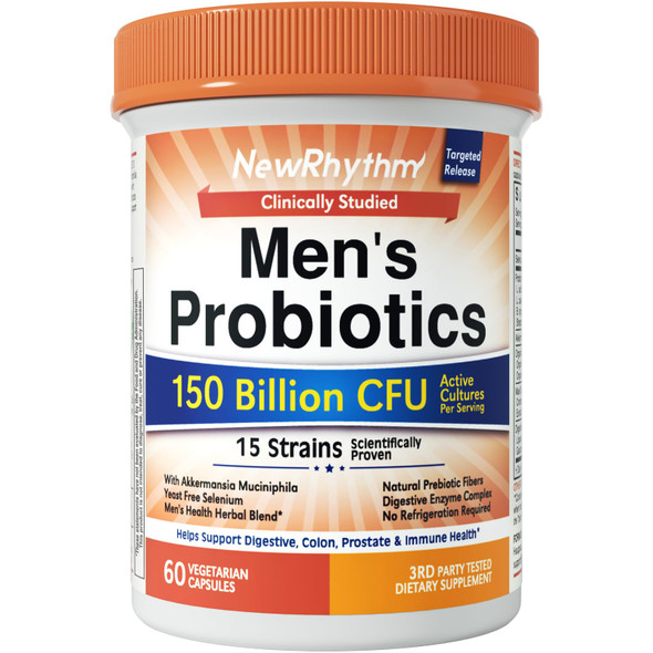 NewRhythm Probiotics for Men with Prebiotics Selenium Digestive Enzymes Akkermansia Muciniphila Cranberry Extract 150 Billion CFU Digestive Colon Immune Men's Health 60 Vegan Caps