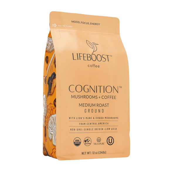Lifeboost Cognition Adaptogenic Mushroom Coffee  Great Tasting Organic Lions Mane and Chaga Medium Roast Nootropic Coffee  Increase Energy Boost Focus and Immune Support 12 oz Bag Ground