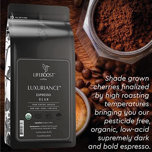 Lifeboost Organic Espresso Beans Whole  USDA Organic Low Acid Mold Free Dark Roast Coffee Whole Bean Single Origin High Caffeine Arabica 12 oz Bag