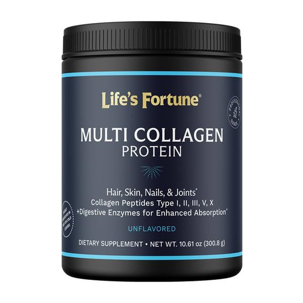 Life’s Fortune Multi Collagen Peptides Powder Drink Plus for Women & Men - Type I II III V X Blend with Digestive Enzyme – for Skin Hair Nails Joints Health Unflavored 30 Servings
