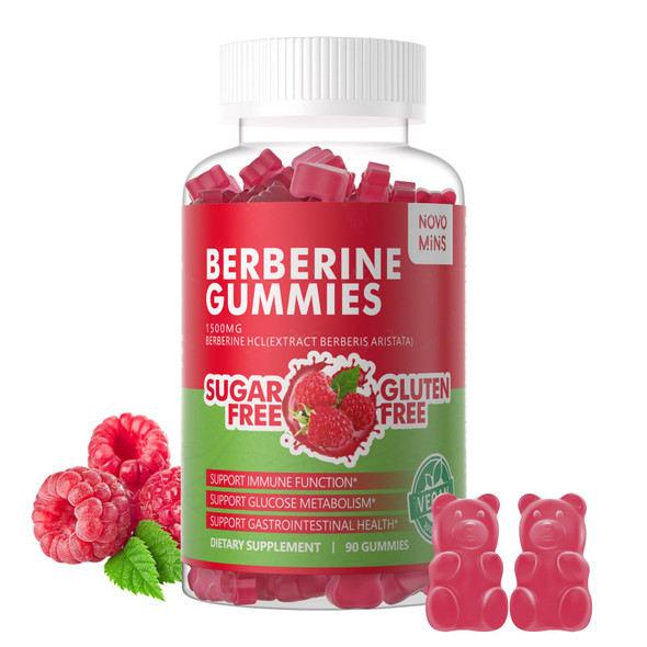 Novomins Berberine Gummies with Ceylon Cinnamon 1500mg High Potency Berberine HCL Supplement for Immune and Metabolism Support Sugar Free Organic Berberine Gummies Raspberry Flavor.