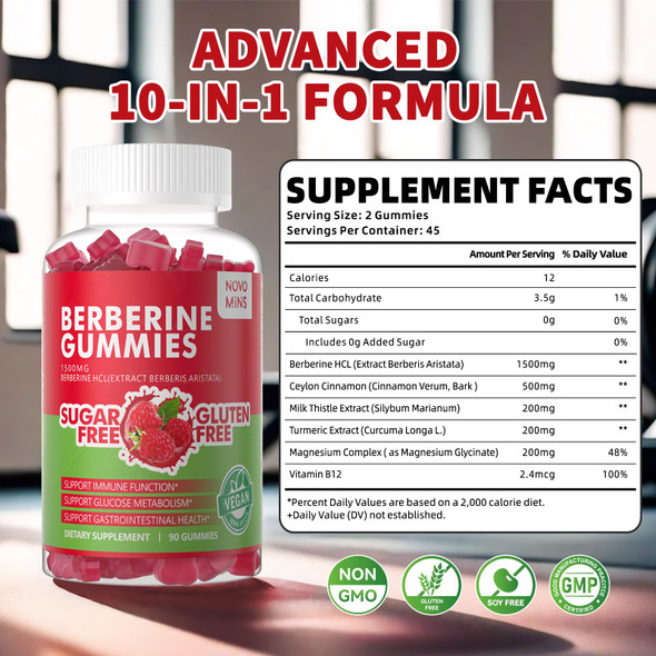 Novomins Berberine Gummies with Ceylon Cinnamon 1500mg High Potency Berberine HCL Supplement for Immune and Metabolism Support Sugar Free Organic Berberine Gummies Raspberry Flavor.