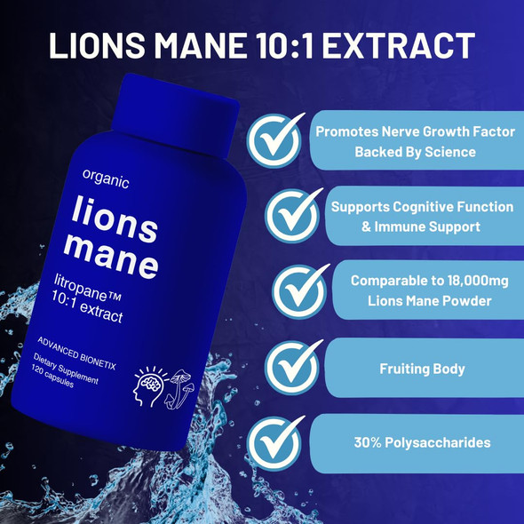 Advanced Bionetix Organic Lions Mane Supplement 120 Capsules Brain Support Nootropic Immune System Support Mushroom Supplement 10X Extract Similar to 18,000mg Contains Patent Pending Litropane
