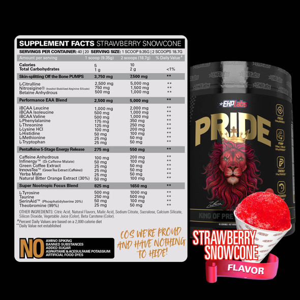 EHP Labs Pride Pre Workout Powder Energy Supplement Sugar Free Preworkout for Men and Women Energy Powder Boost Drink with BCAA  280mg of Caffeine Strawberry Snowcone 40 Servings