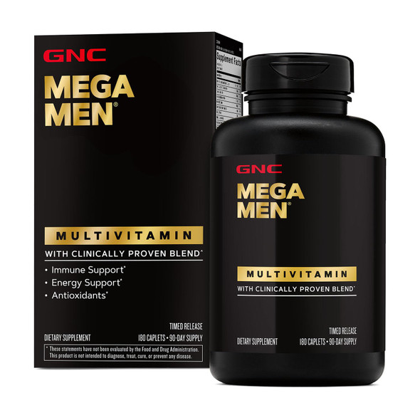 GNC Mega Men Multivitamin Caplets Clinically Proven to Feel Better Immune Support Energy Support Antioxidants B Vitamins Vitamin D-3 Timed Release 180 count 90 day supply