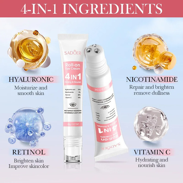 SADOER 4in1 Roll-on Moisturizing Eye Cream Anti Dark Circles Eyes Bags Firming Moisturizing Eye Serum Skin Care for Beauty Eyes 20g