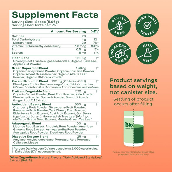 Bloom Nutrition Superfood Greens Powder Digestive Enzymes with Probiotics and Prebiotics Gut Health Bloating Relief for Women Chlorella Green Juice Mix with Beet Root Powder 25 SVG Peach
