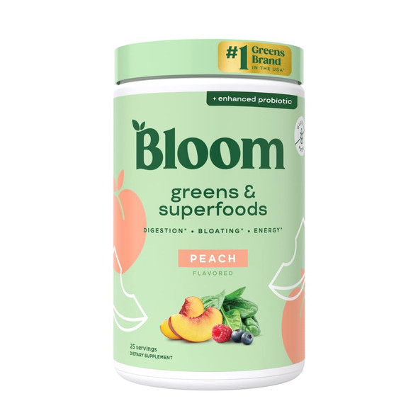 Bloom Nutrition Superfood Greens Powder Digestive Enzymes with Probiotics and Prebiotics Gut Health Bloating Relief for Women Chlorella Green Juice Mix with Beet Root Powder 25 SVG Peach