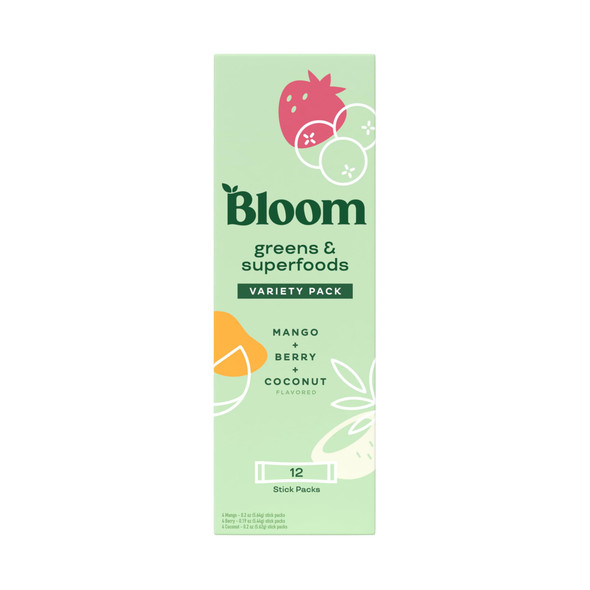 Bloom Nutrition Superfood Greens Powder Stick Packs Digestive Enzymes with Probiotics and Prebiotics Gut Health Bloating Relief for Women Chlorella Green Juice Mix 12 SVG Variety