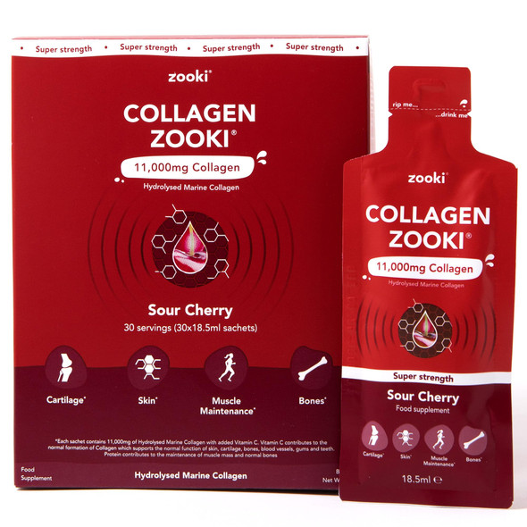 Zooki 11,000mg Super Strength Marine Collagen Liquid Sachets | Hydrolysed Peptides | Ultimate Skin Hair Nails Joints Bones & Muscles Support (Sour Cherry Flavour 30 Servings)