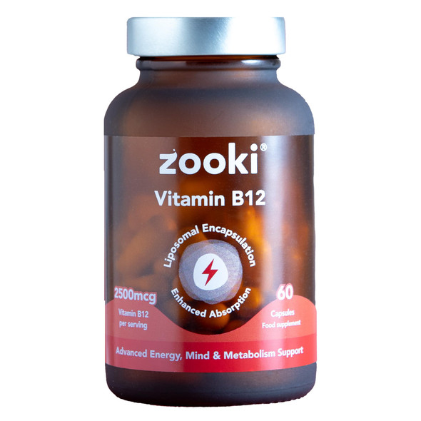 Zooki 2500mcg Liposomal Vitamin B12 Capsules | 4X Higher Absorption | Methylcobalamin for Energy Cognition Metabolism Support | Natural Ingredients | (30 Servings)