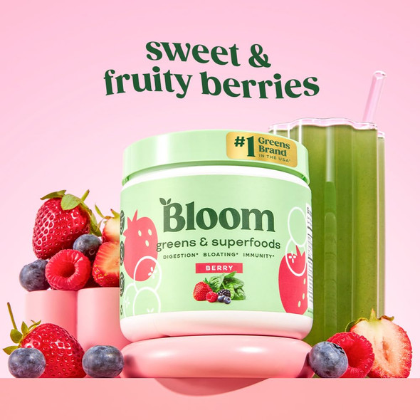Bloom Nutrition Superfood Greens Powder Digestive Enzymes with Probiotics and Prebiotics Gut Health Bloating Relief Berry + Milk Frother High Powered Hand Mixer