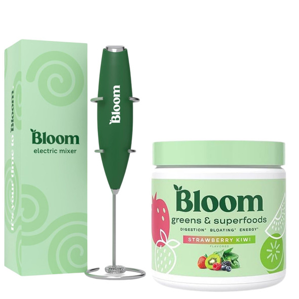Bloom Nutrition Superfood Greens Powder Digestive Enzymes with Probiotics and Prebiotics Gut Health Bloating Relief Strawberry Kiwi + Milk Frother High Powered Hand Mixer