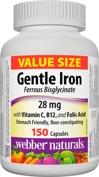 Webber Naturals Gentle Iron Supplement with Vitamin C B12 and Folic Acid 28 mg 150 Capsules StomachFriendly NonConstipating Helps Prevent Iron Deficiency Anemia