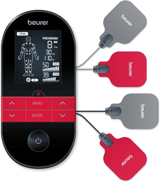 Beurer EM59 TENS/EMS Device with Heat 4 in1 TENS Unit EMS Muscle Stimulator EMS Massage and Heating Pad Therapy 70 Programs 50 Intensity Levels TENS Unit Muscle Stimulator with USB Charge