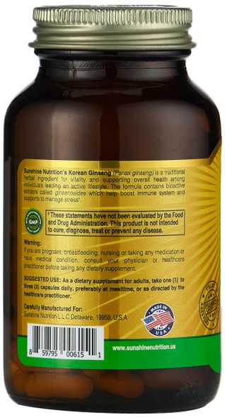 Sunshine Nutrition Korean Ginseng 100 Capsules Helps Promote General Wellness & Vitality  Herbal Supplement