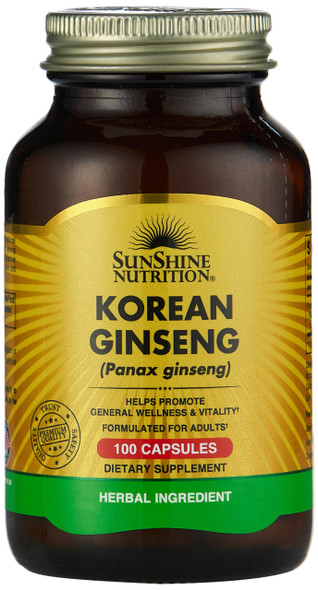 Sunshine Nutrition Korean Ginseng 100 Capsules Helps Promote General Wellness & Vitality  Herbal Supplement